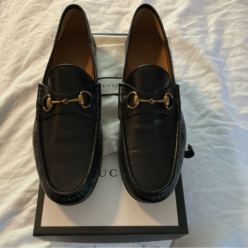 Gucci Men's Black Leather Slip-On Loafers with Gold Accents